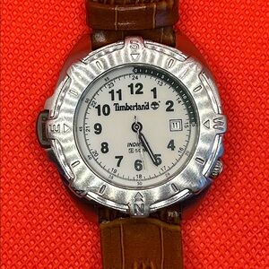 Timberland Silver and Brown Watch with Leather Strap
